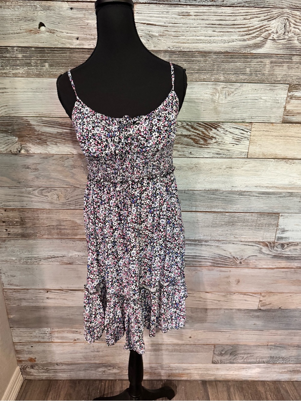 NWT Passport Floral Smocked Mini Dress - Black with Pink & White